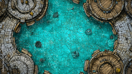 Fantasy circular city map, top-down view of water-filled plaza, use for tabletop roleplaying