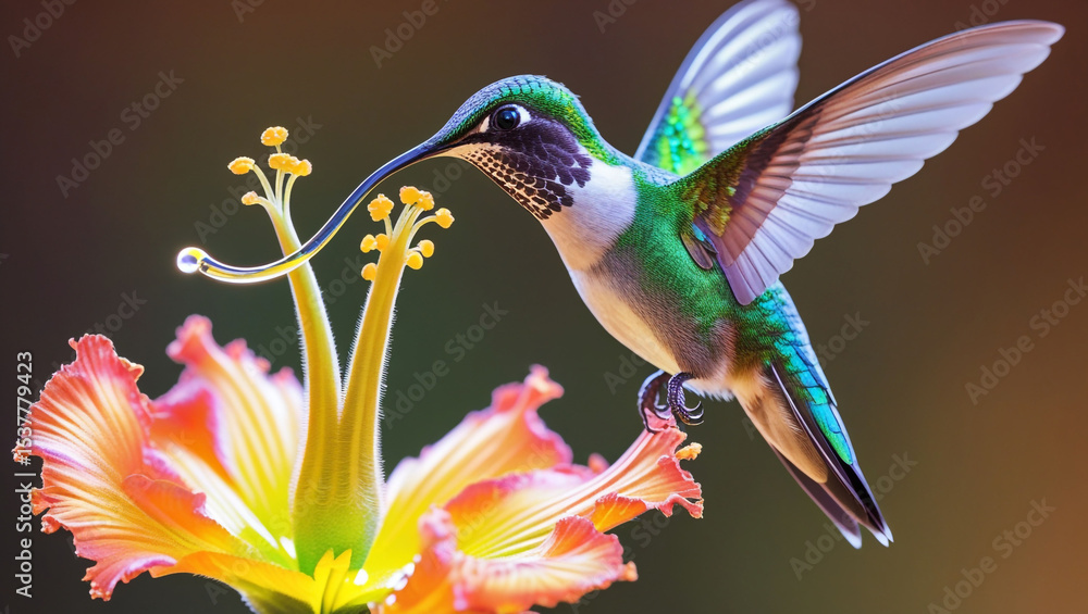Fototapeta premium A hummingbird feeding on a vibrant flower with its long beak reaching for the nectar in the bloom