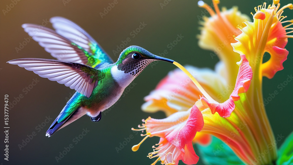 Fototapeta premium Hummingbird feeding on nectar from a vibrant flower with wings spread in a natural setting view