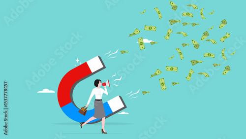 promotion or digital marketing to gain many benefits, Business woman use megaphones and big magnets to attract customers to make big profits