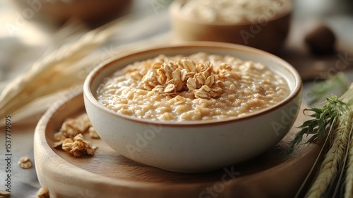 A bowl of creamy oatmeal topped with toasted oats sits on a wooden tray for a nourishing breakfast meal.
