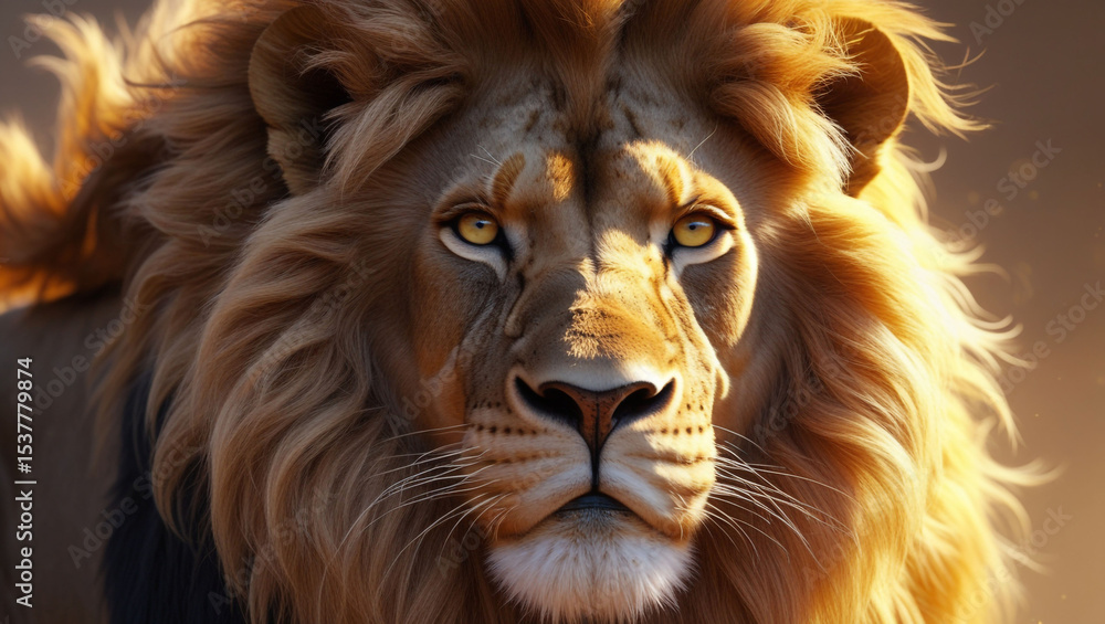 Close up portrait of a majestic lion with a golden mane staring directly at the viewer with intensity Close up portrait of a majestic lion with a golden mane staring directly at the viewer with intensity