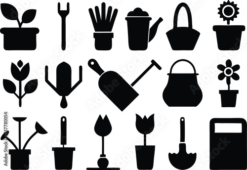 Gardening tool icons outline set featuring tulip and other garden implements isolated on transparent background