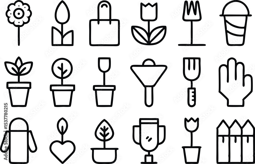 Gardening tool outline icons set featuring tulip and other garden implements isolated on transparent background Gardening tool outline icons set featuring tulip and other garden implements isolated on transparent background