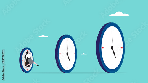 time management skills, successful time management as inspiration for the next time management, increasing expertise over time, businesswoman jumps through the small clock to the big one