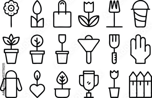 Gardening tool outline icons set featuring tulip and other garden implements isolated on transparent background