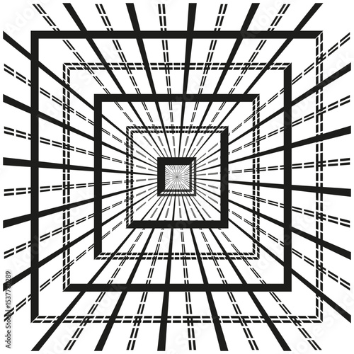 Geometric square tunnel. Receding frame illusion. Central abstract depth. Vector shape layout.