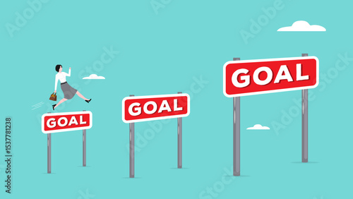 small target achievement as motivate to achieve bigger target or goal, business woman go through small obstacles to bigger obstacles, strategies to inspire greater success