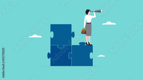 finding solutions to complete the work with businesswoman standing on an incomplete puzzle using binoculars to look for missing pieces, responsibility for work, leadership mission in facing problems