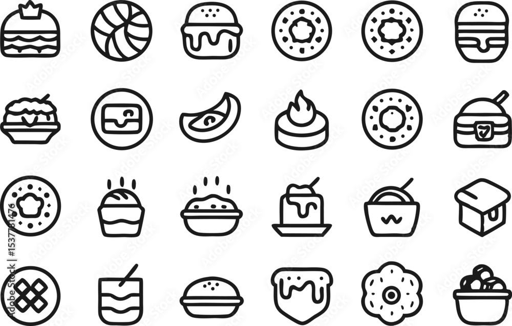 Gourmet food plating dish outline icons set grid design isolated on transparent background