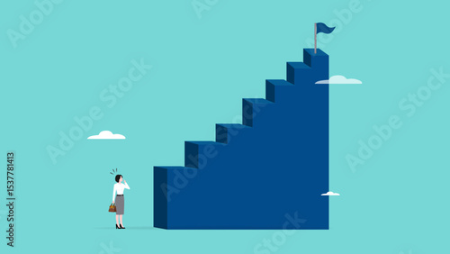 first step is difficult to take, hesitation to initiate an action, the hardest thing in life is always taking the first step, first step is always the hardest, woman with difficult first step stair