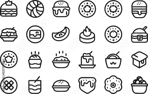 Gourmet food plating dish outline icons set grid design isolated on transparent background