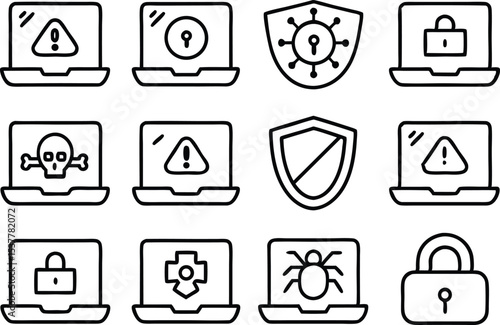 Cybersecurity hacker with laptop line and glyph icon set isolated on transparent background