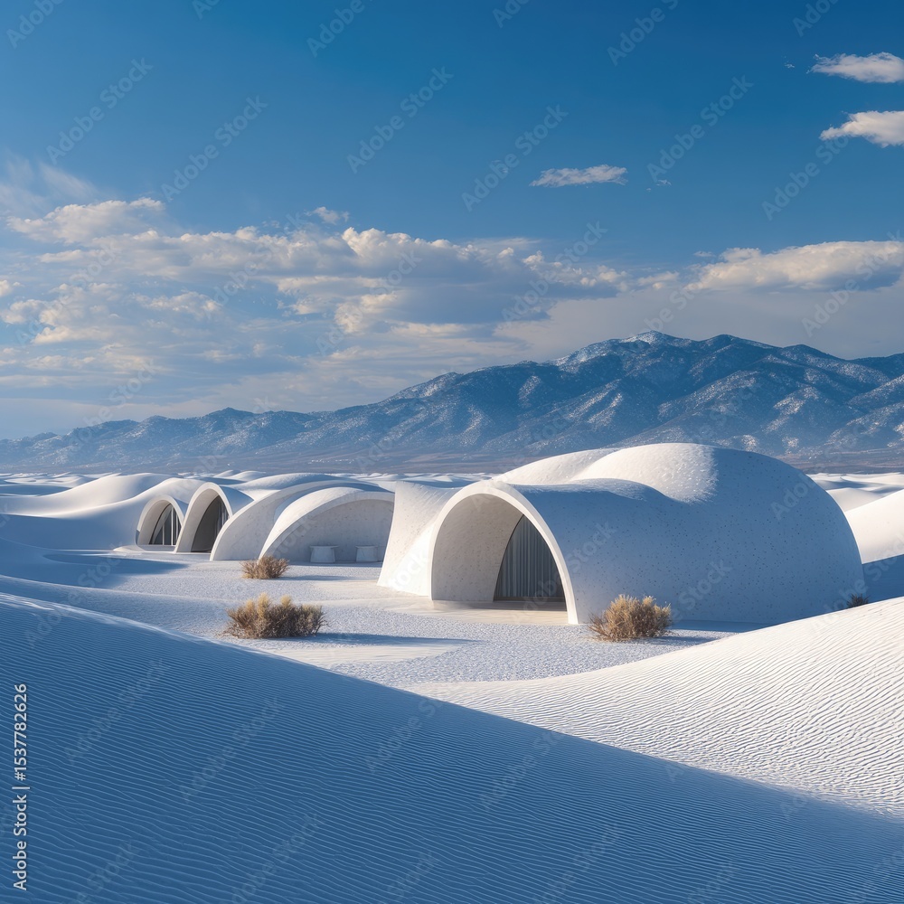 White desert cabins under a clear sky White desert cabins under a clear sky