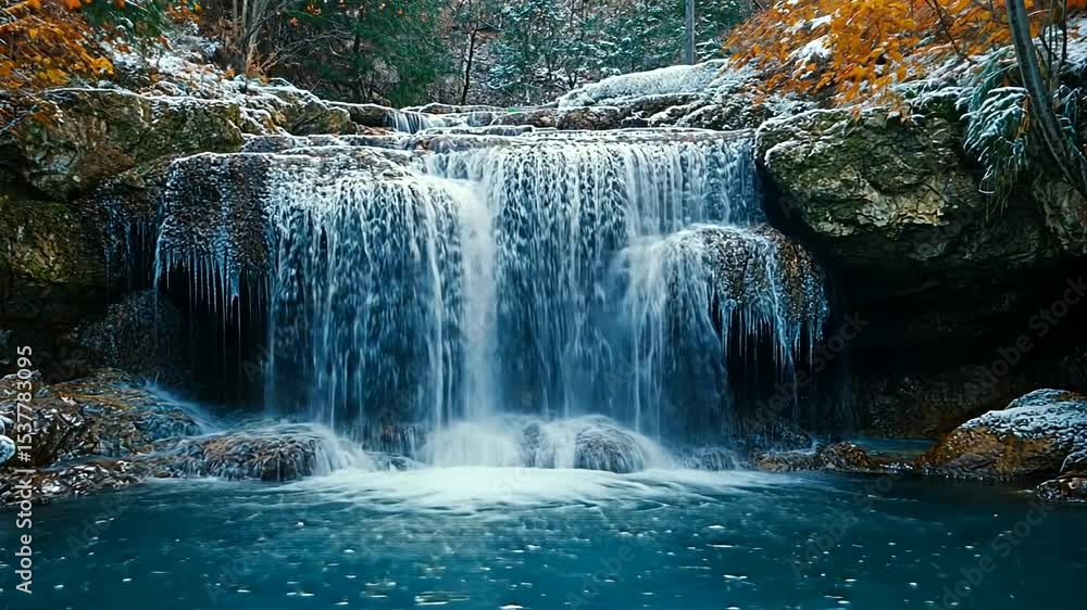 Serene winter waterfall cascading into a tranquil pool Serene winter waterfall cascading into a tranquil pool