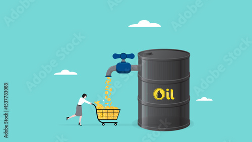 profits from the crude oil industry or investments, business woman who collects gold coins from the tap of an oil barrel using a shopping cart