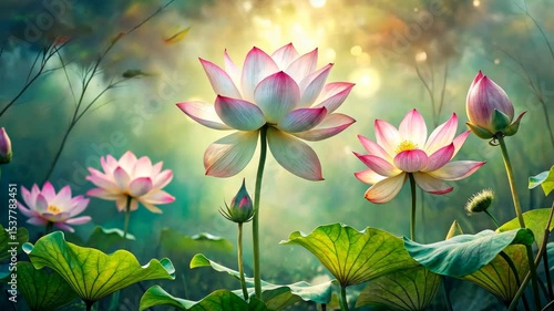 Serene Pink Lotus Flowers Bloom in a Tranquil Garden Illuminated by Sunlight