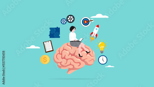 Genius and Expert at learning new skills With Accelerated Learning, intelligence or competence to develop self-capacity, capacity building, woman work on human brain with business management elements