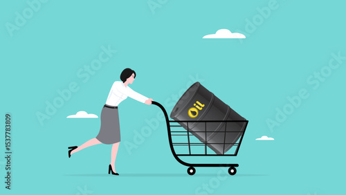 buying crude oil investments, Business woman buy barrels of oil using shopping charts, buy crude oil stocks to make a profit, crude oil investment transactions, global petroleum buying and selling