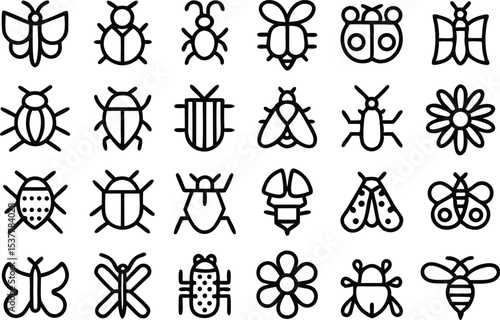 Pixel art insect icons set featuring outline pixelated bugs isolated on transparent background