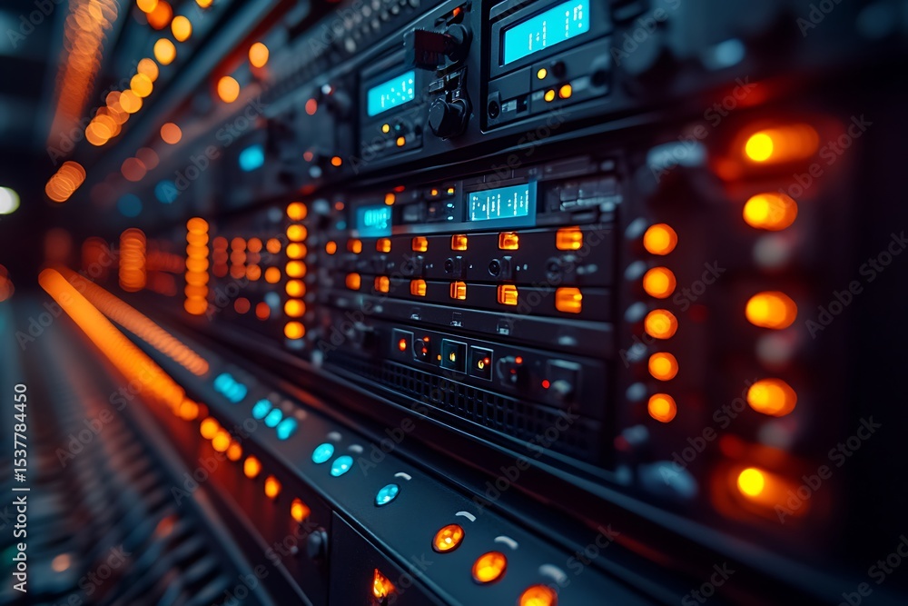 Server room racks with numerous active networking equipment and blinking lights Server room racks with numerous active networking equipment and blinking lights