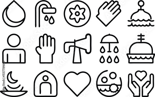 Islamic wudu ritual icons for ramadan and hajj observance isolated on transparent background