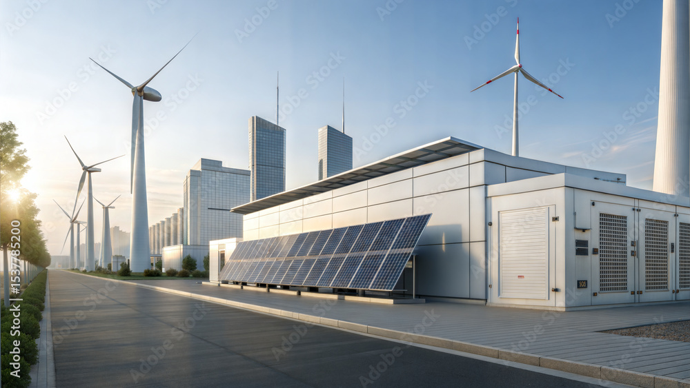 Modern sustainable energy facility with solar panels and wind turbines stands against cityscape backdrop, showcasing renewable energy innovation Modern sustainable energy facility with solar panels and wind turbines stands against cityscape backdrop, showcasing renewable energy innovation