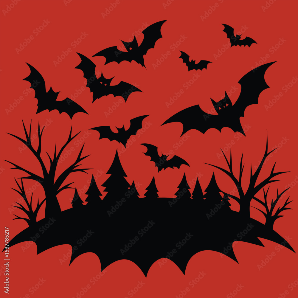 Spooky Halloween Bats Silhouette Forest Scene Spooky Halloween Bats Silhouette Forest Scene