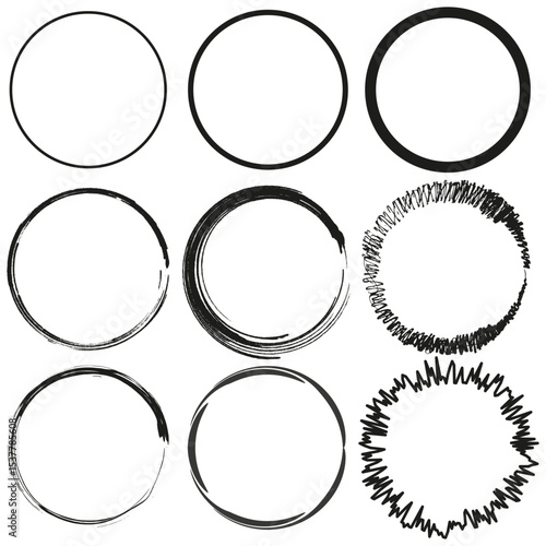 Outlined circle shapes. Rough ring pattern. Fuzzy circle stroke. Vector round elements.