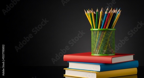 Stack of Books with Colored Pencils in Green Holder Still Life