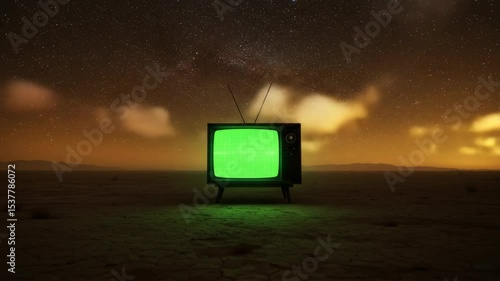 A retro television set with a green screen stands alone in a vast, desolate desert under a spectacular starry night sky, ideal for compositing custom content.