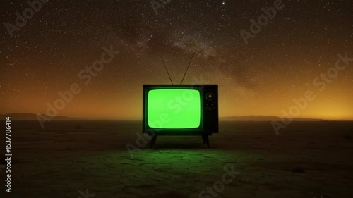 A retro television set with a green screen stands alone in a vast, desolate desert under a spectacular starry night sky, ideal for compositing custom content.