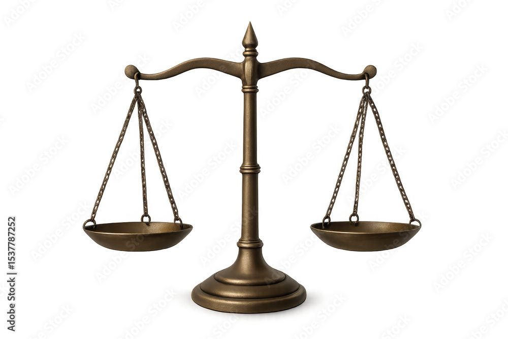 Brass balance scale with chains and trays hanging, symbolizing justice, law, and equality, isolated on transparent background Brass balance scale with chains and trays hanging, symbolizing justice, law, and equality, isolated on transparent background