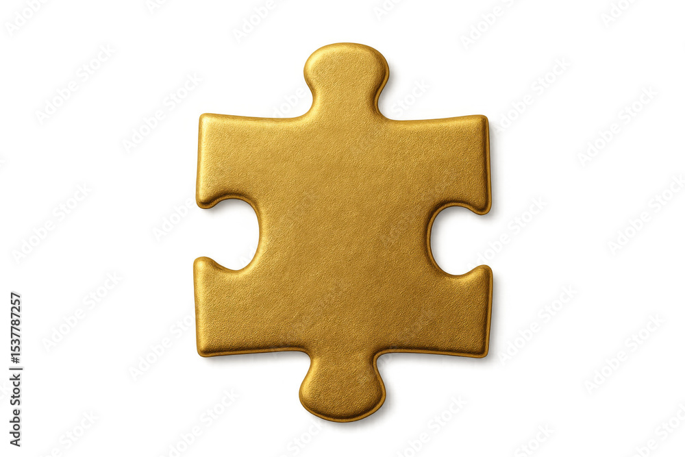 Obraz premium Single golden jigsaw puzzle piece representing problem solving, strategy, and solution on a transparent background