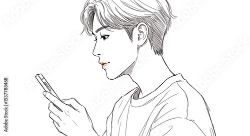Person looking at smartphone line drawing illustration