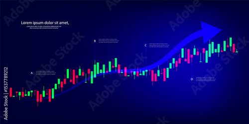 Candlestick chart with upward arrow showing financial growth. Perfect for investment strategy, stock trading, economic trends, market success, and business performance analysis visuals.