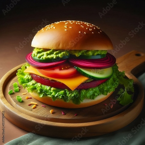 Colorful Vegan Burger with Avocado Spread and Beetroot on Wooden Tray