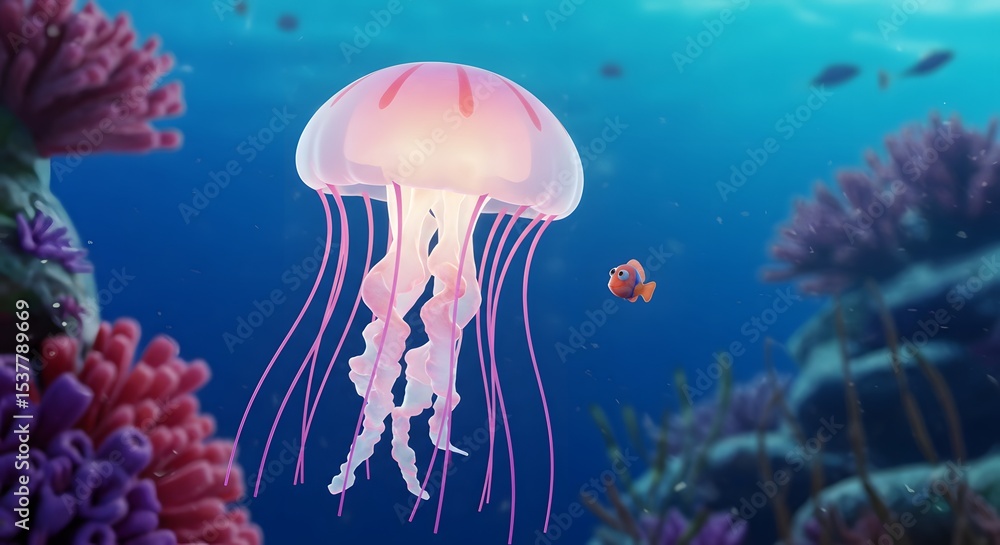 Mesmerizing Pink Jellyfish Underwater Scene Coral Reef Beauty Mesmerizing Pink Jellyfish Underwater Scene Coral Reef Beauty