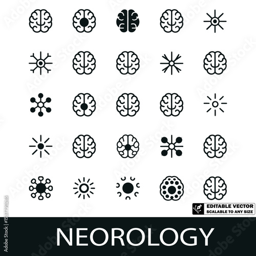Neurology Icon Set – Brain, Nerve System, and Medical Neuroscience Symbols