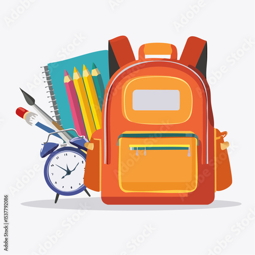 Brightly colored illustration of a school backpack filled with stationery items including pencils, a notebook, and an alarm clock on a white background.