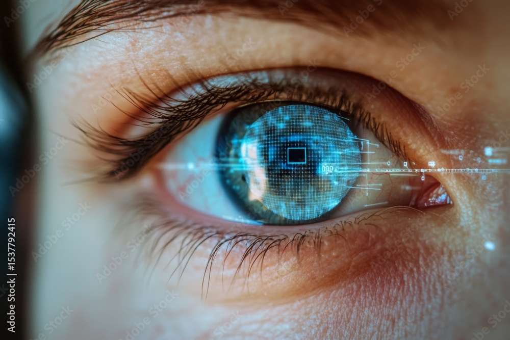 Fototapeta premium A futuristic eye with digital elements reflecting technology and data visualization.