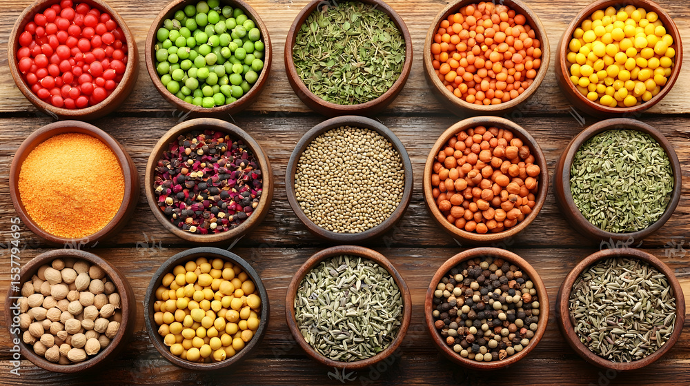 Assortment of spices and herbs in small wooden bowls on a rustic wooden surface. Possible use for food photography, culinary blogs, or cooking recipe websites Assortment of spices and herbs in small wooden bowls on a rustic wooden surface. Possible use for food photography, culinary blogs, or cooking recipe websites