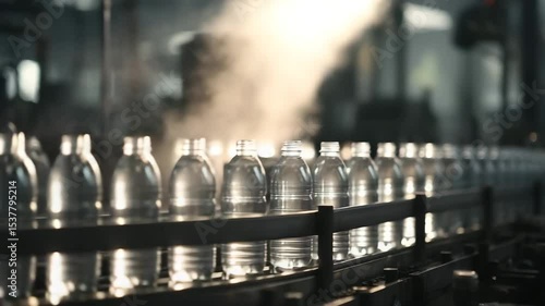 Automated Bottling Line with Steam and Backlight in Industrial Setting