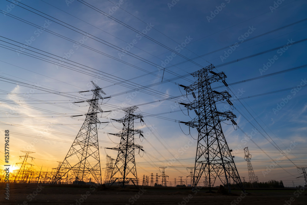 Fototapeta premium The pylons are in the evening, Substation in the evening, High voltage substation and beautiful sunset glow