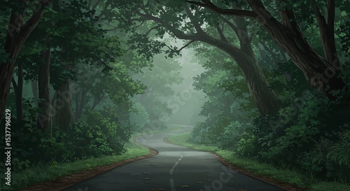 Serene Anime Style Curved Road Surrounded by Lush Green Trees