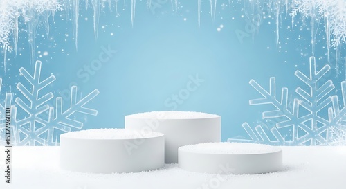 Three white podiums on a snowy surface with icicles and snowflakes against a light blue backdrop.