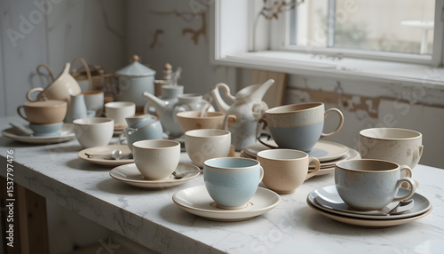 Wallpaper Mural Modern handmade collection of ceramic cups, bowls plates collection on plaster table Torontodigital.ca