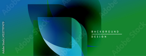 Abstract fluid shapes overlap, creating vibrant green, blue gradients. Text reads background design in upper case letters. Minimalist composition.