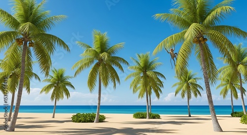 Wallpaper Mural Tropical beach scene with palm trees and monkeys. Torontodigital.ca