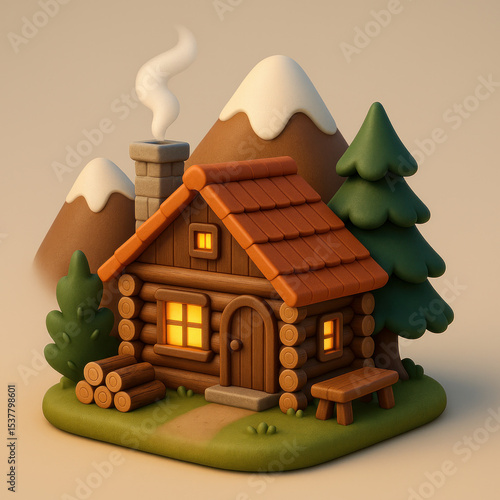 3D Icon of Mountain Cabin and Cozy Retreat